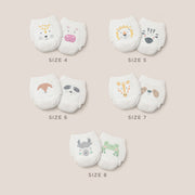 Kit & Kin nappy pants sizes 4-8 with 2 cute animal prints per size